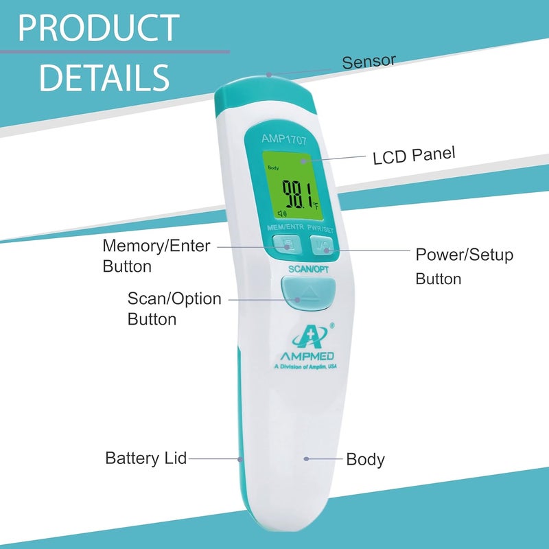 Amplim Non-Contact Forehead Thermometer & Case for Adults, Kids, Baby, FDA Cleared, Medical Grade, Touchless Infrared, 1-Sec Reading, Fever Alarm, Memory Recall, Quiet Mode, (White) - Image 4